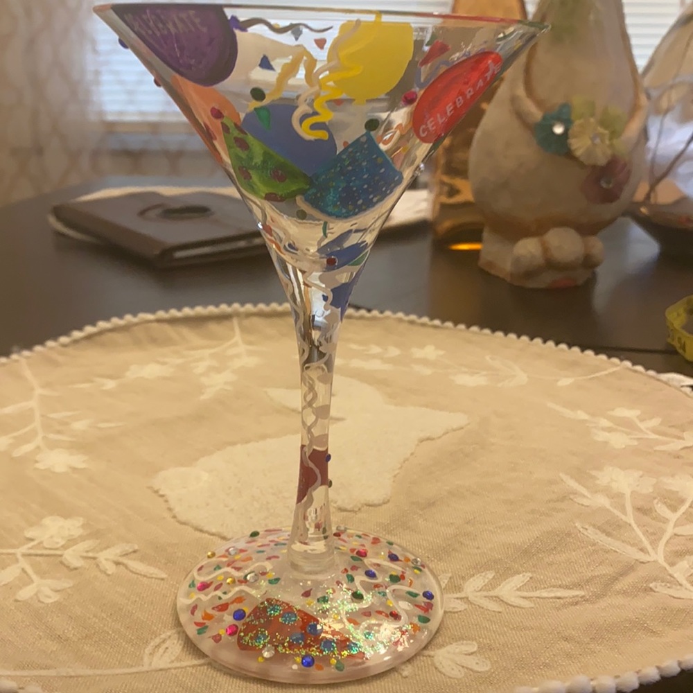 LOLITA HAND PAINTED HAND BLOWN “CELEBRATE” MARTINI GLASS